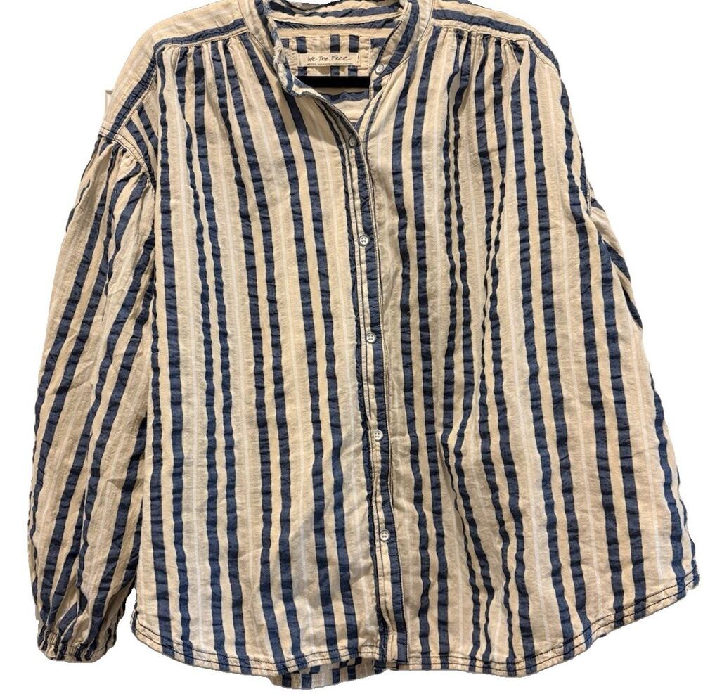 Free People We The Free Blue Beige Striped Cotton Collar Button-Up Blouse Top M